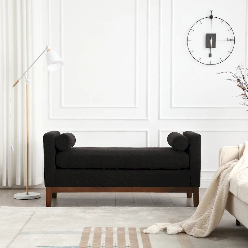 Upholstered Boucle Bench with Bolster Pillows and Fluted Wood Base for Bedroom or Entryway