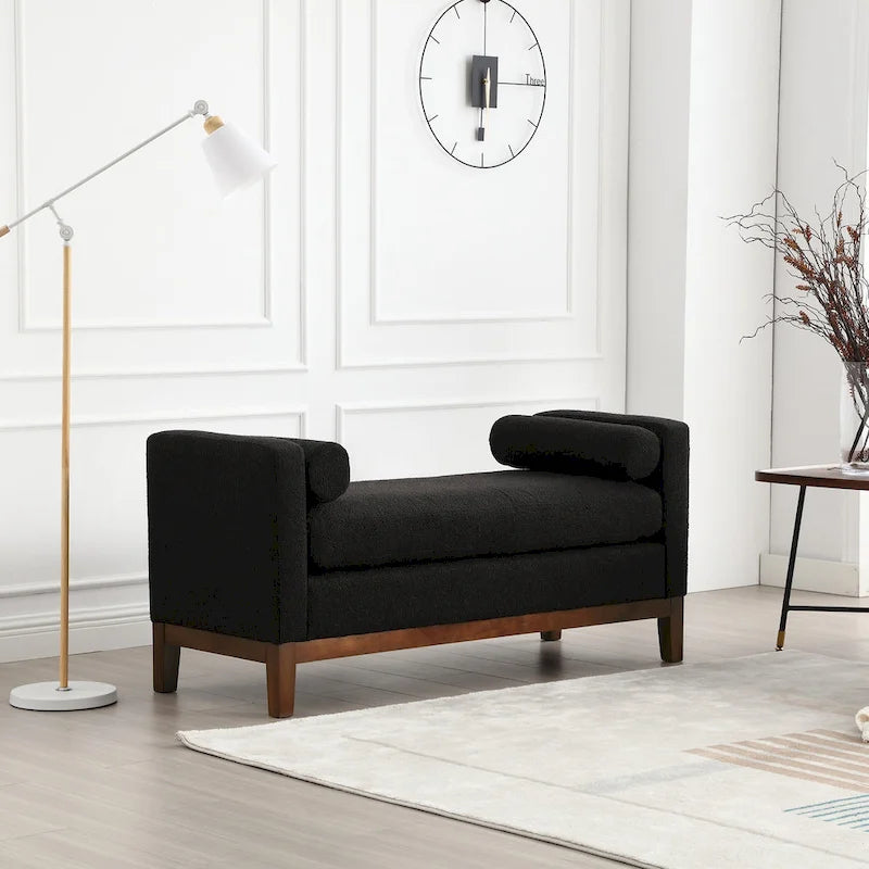 Upholstered Boucle Bench with Bolster Pillows and Fluted Wood Base for Bedroom or Entryway