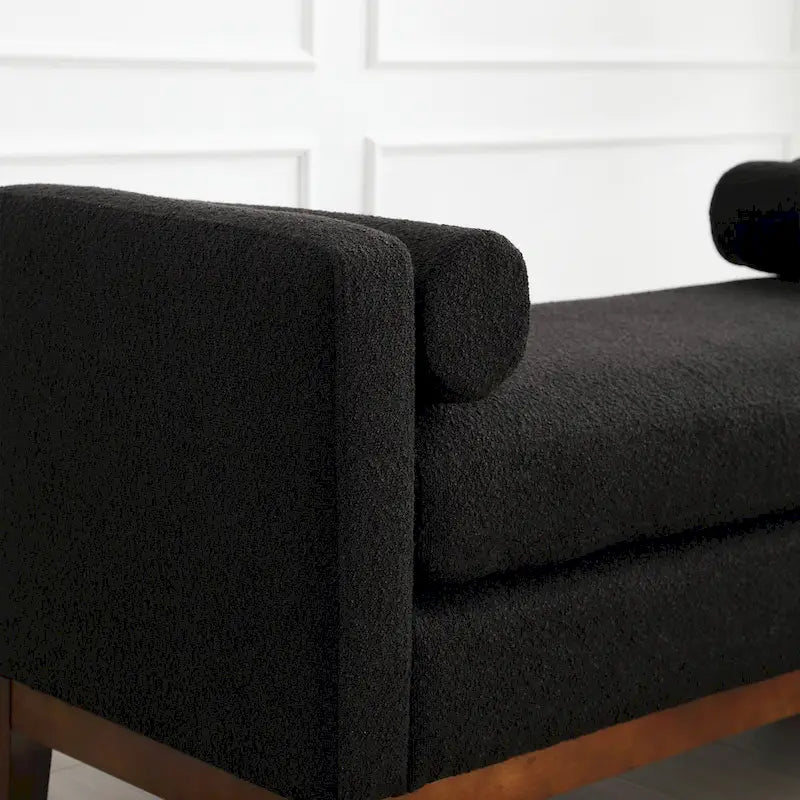 Upholstered Boucle Bench with Bolster Pillows and Fluted Wood Base for Bedroom or Entryway