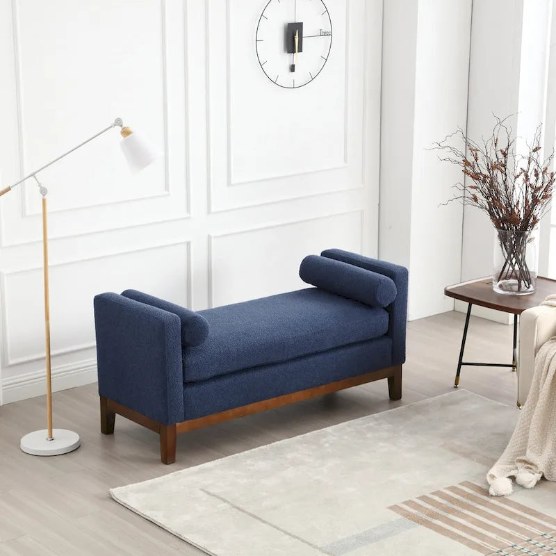 Upholstered Boucle Bench with Bolster Pillows and Fluted Wood Base for Bedroom or Entryway