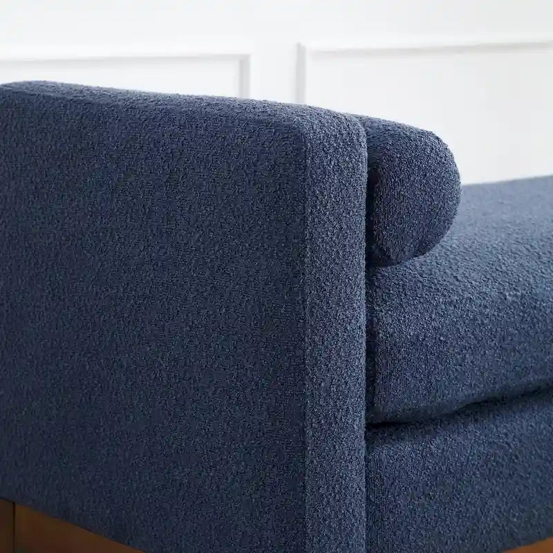 Upholstered Boucle Bench with Bolster Pillows and Fluted Wood Base for Bedroom or Entryway