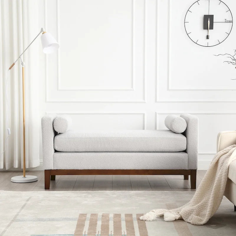 Upholstered Boucle Bench with Bolster Pillows and Fluted Wood Base for Bedroom or Entryway