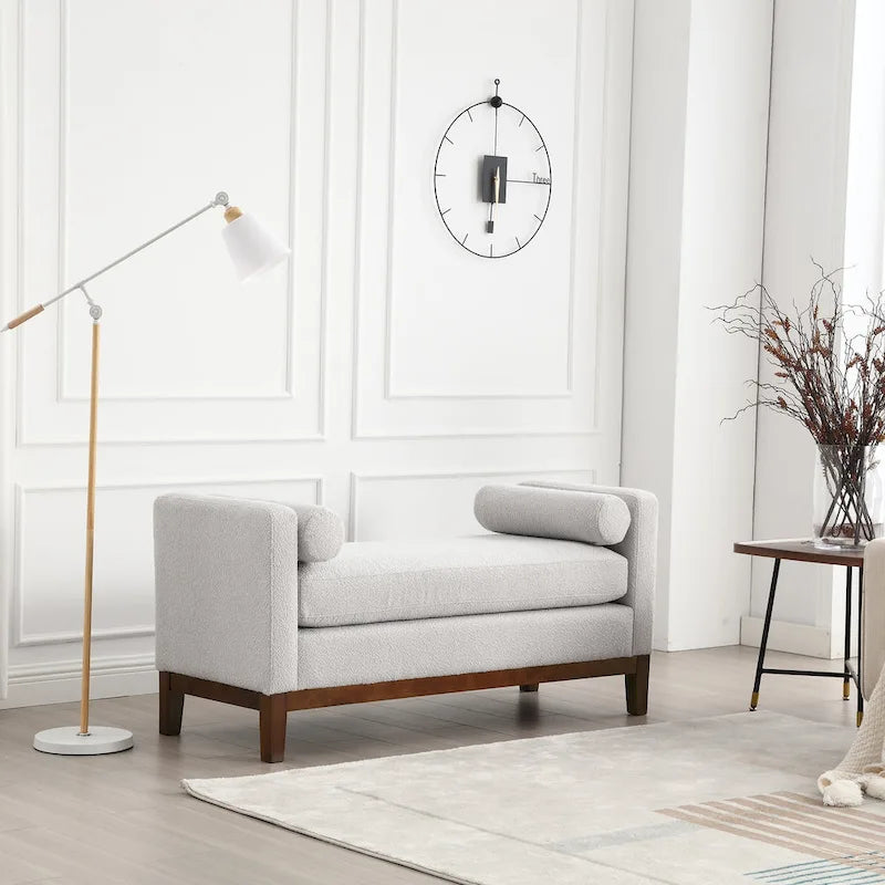 Upholstered Boucle Bench with Bolster Pillows and Fluted Wood Base for Bedroom or Entryway