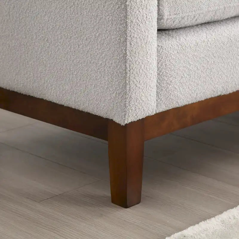 Upholstered Boucle Bench with Bolster Pillows and Fluted Wood Base for Bedroom or Entryway