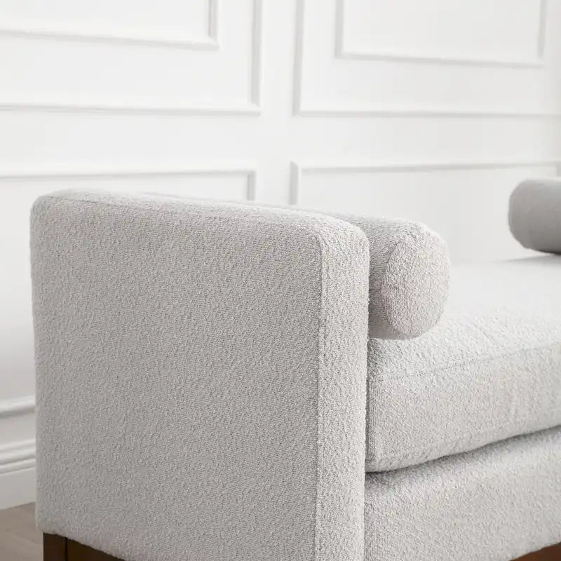 Upholstered Boucle Bench with Bolster Pillows and Fluted Wood Base for Bedroom or Entryway