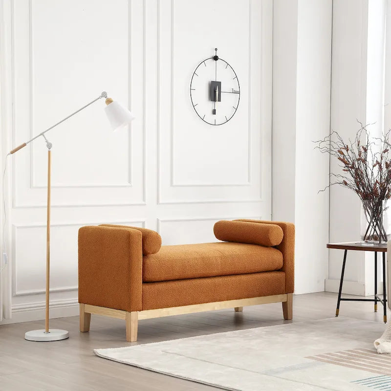 Upholstered Boucle Bench with Bolster Pillows and Fluted Wood Base for Bedroom or Entryway
