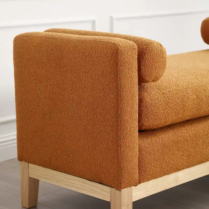 Upholstered Boucle Bench with Bolster Pillows and Fluted Wood Base for Bedroom or Entryway