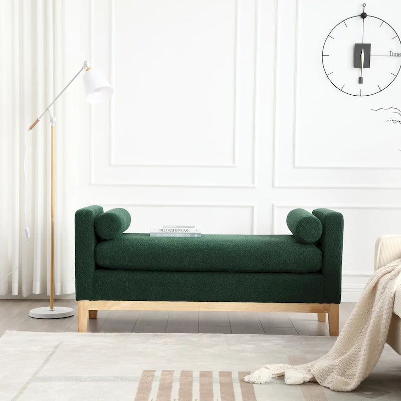 Upholstered Boucle Bench with Bolster Pillows and Fluted Wood Base for Bedroom or Entryway
