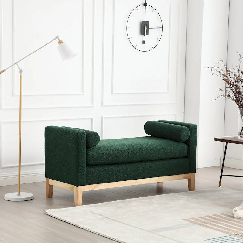 Upholstered Boucle Bench with Bolster Pillows and Fluted Wood Base for Bedroom or Entryway