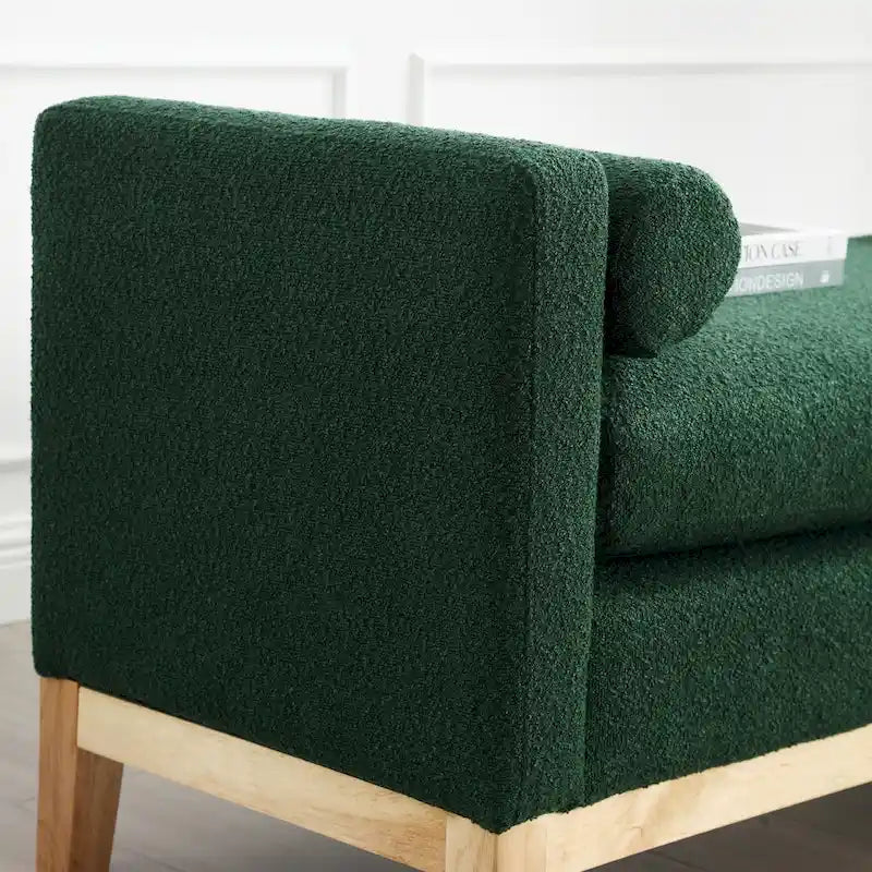 Upholstered Boucle Bench with Bolster Pillows and Fluted Wood Base for Bedroom or Entryway