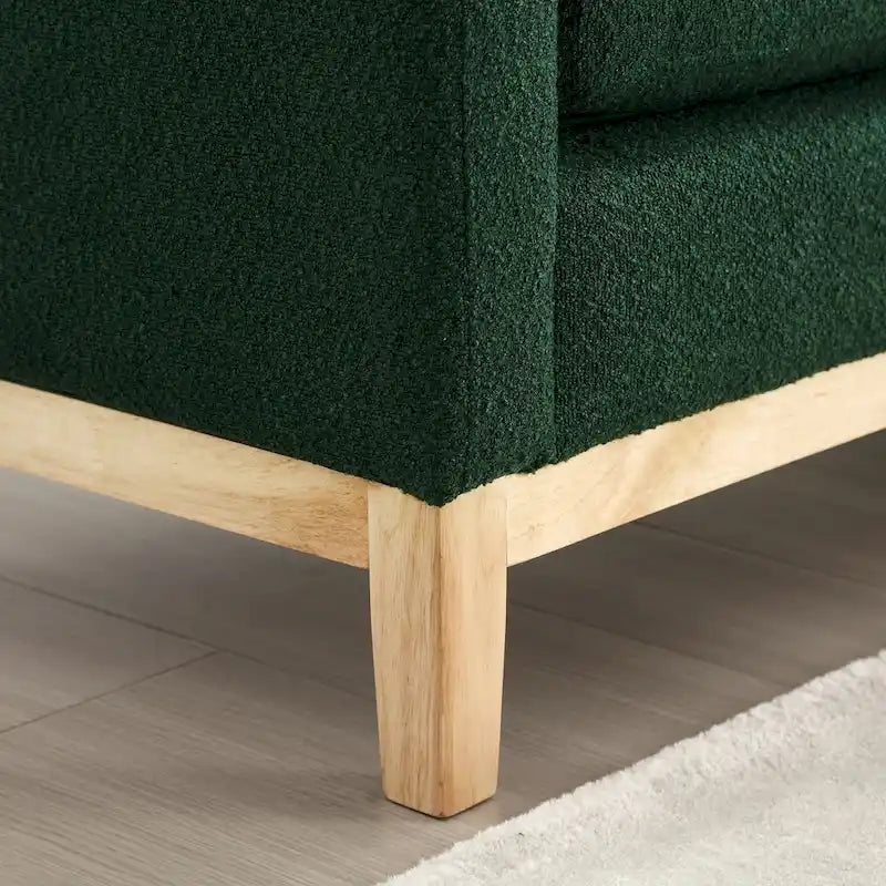 Upholstered Boucle Bench with Bolster Pillows and Fluted Wood Base for Bedroom or Entryway