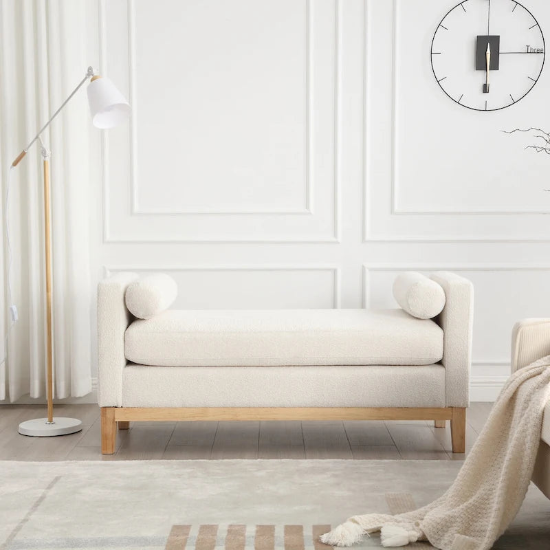 Upholstered Boucle Bench with Bolster Pillows and Fluted Wood Base for Bedroom or Entryway