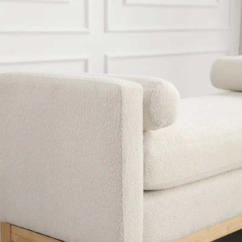 Upholstered Boucle Bench with Bolster Pillows and Fluted Wood Base for Bedroom or Entryway
