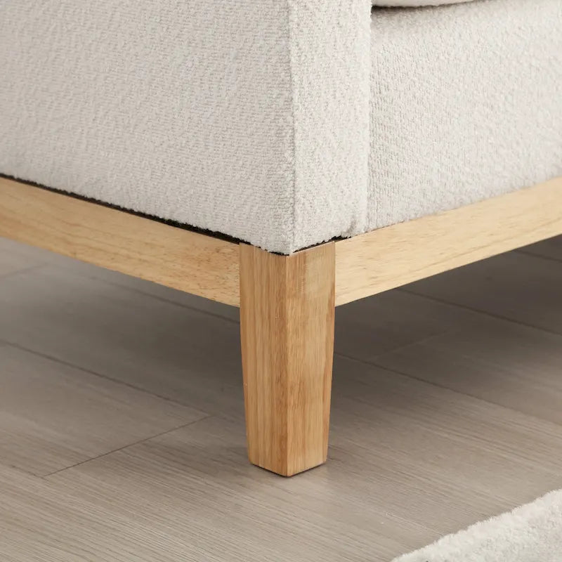 Upholstered Boucle Bench with Bolster Pillows and Fluted Wood Base for Bedroom or Entryway
