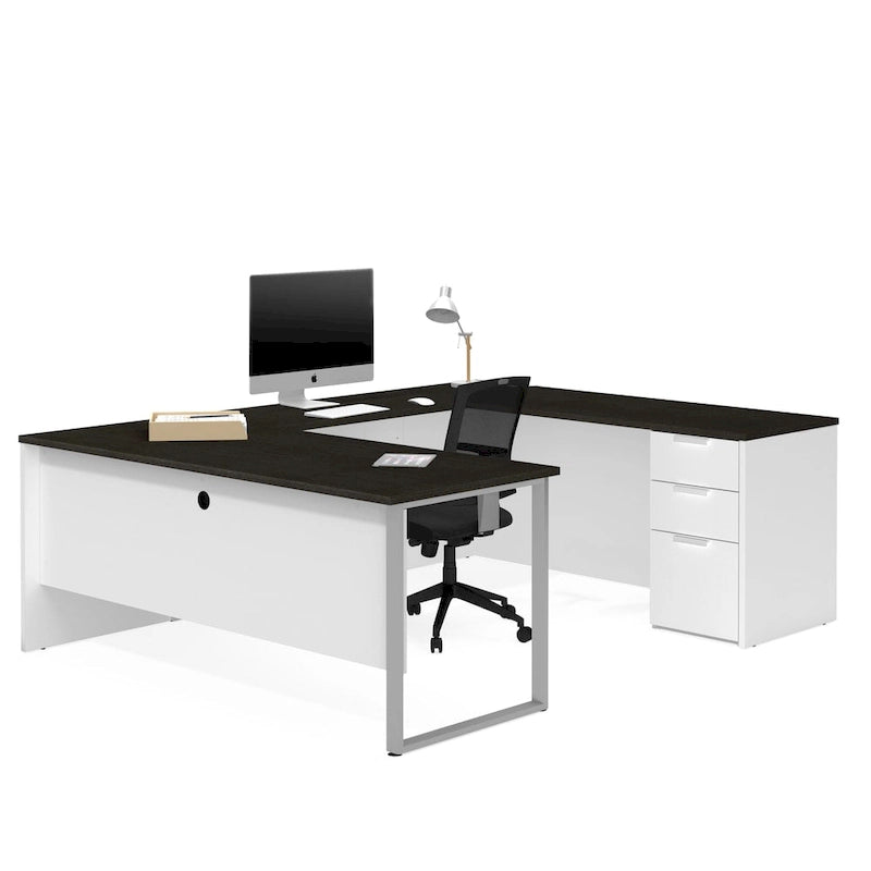U-Shaped Office Desk with Pedestal and 3 Drawers Melamine Top Wire Management Matte Silver Legs