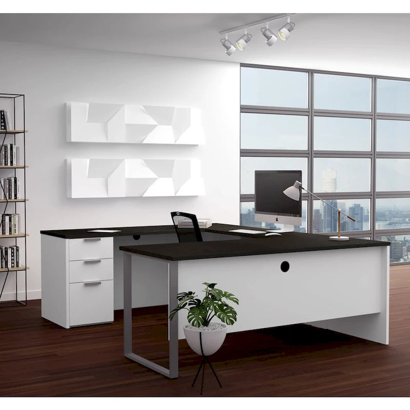 U-Shaped Office Desk with Pedestal and 3 Drawers Melamine Top Wire Management Matte Silver Legs