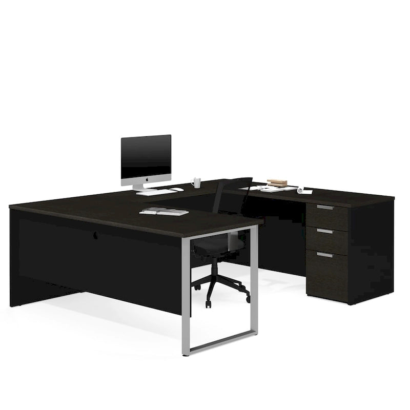 U-Shaped Office Desk with Pedestal and 3 Drawers Melamine Top Wire Management Matte Silver Legs