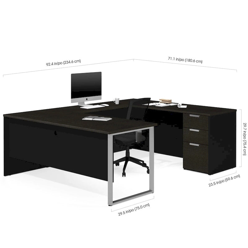U-Shaped Office Desk with Pedestal and 3 Drawers Melamine Top Wire Management Matte Silver Legs