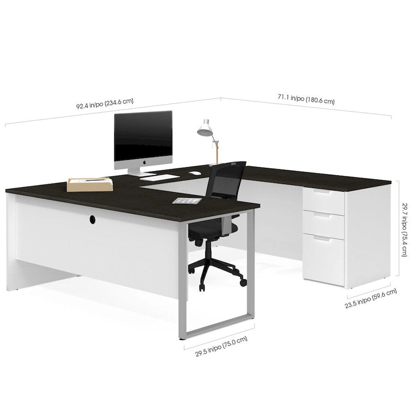 U-Shaped Office Desk with Pedestal and 3 Drawers Melamine Top Wire Management Matte Silver Legs