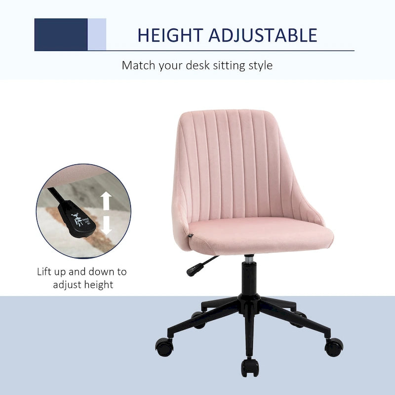 Mid-Back Velvet Swivel Office Chair with Scallop Shape and Channel Stitching Height Adjustable Armless