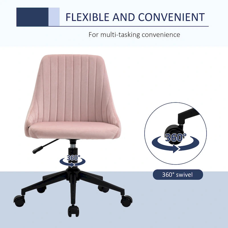 Mid-Back Velvet Swivel Office Chair with Scallop Shape and Channel Stitching Height Adjustable Armless