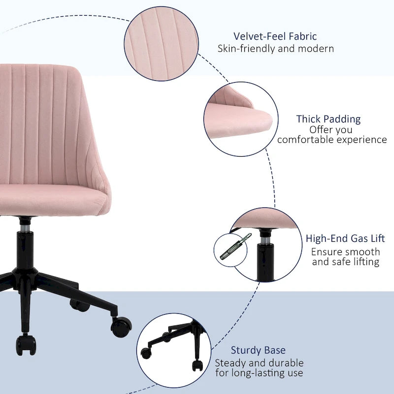 Mid-Back Velvet Swivel Office Chair with Scallop Shape and Channel Stitching Height Adjustable Armless