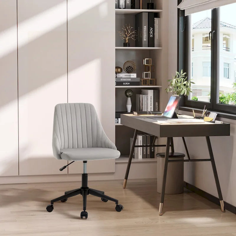 Mid-Back Velvet Swivel Office Chair with Scallop Shape and Channel Stitching Height Adjustable Armless