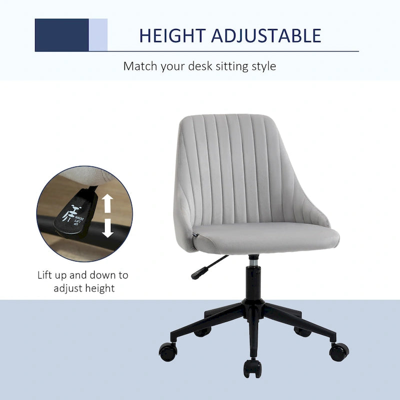Mid-Back Velvet Swivel Office Chair with Scallop Shape and Channel Stitching Height Adjustable Armless