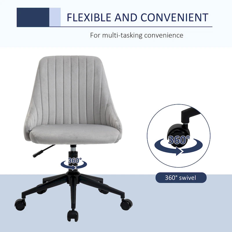 Mid-Back Velvet Swivel Office Chair with Scallop Shape and Channel Stitching Height Adjustable Armless