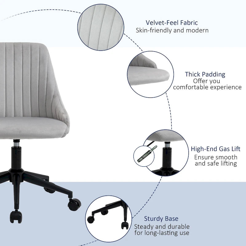 Mid-Back Velvet Swivel Office Chair with Scallop Shape and Channel Stitching Height Adjustable Armless