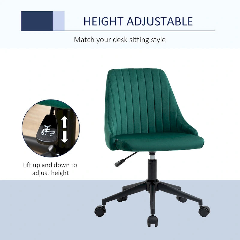 Mid-Back Velvet Swivel Office Chair with Scallop Shape and Channel Stitching Height Adjustable Armless
