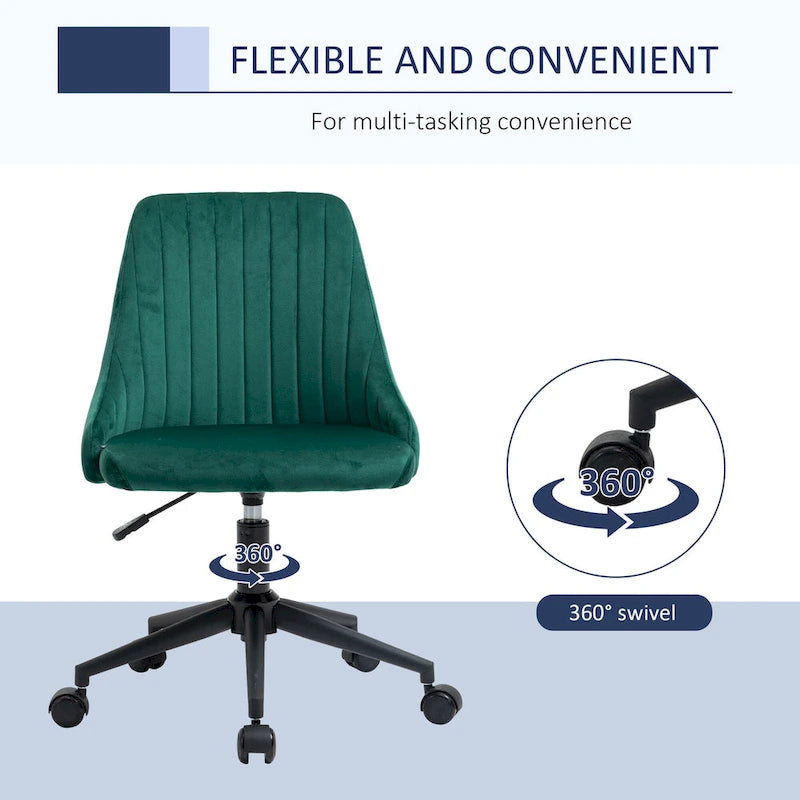Mid-Back Velvet Swivel Office Chair with Scallop Shape and Channel Stitching Height Adjustable Armless
