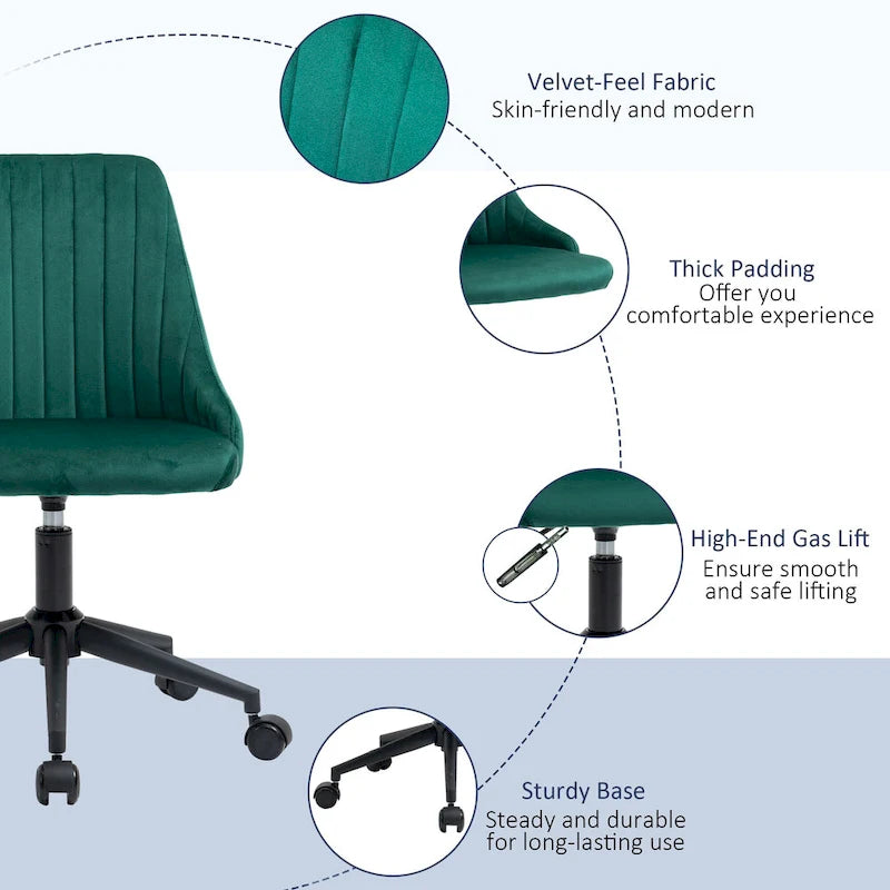 Mid-Back Velvet Swivel Office Chair with Scallop Shape and Channel Stitching Height Adjustable Armless