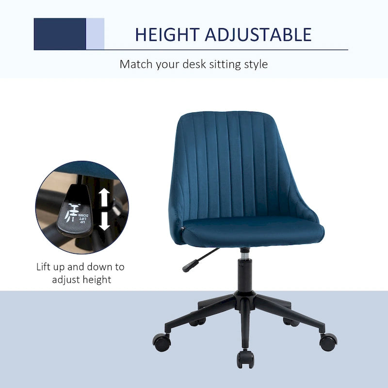 Mid-Back Velvet Swivel Office Chair with Scallop Shape and Channel Stitching Height Adjustable Armless