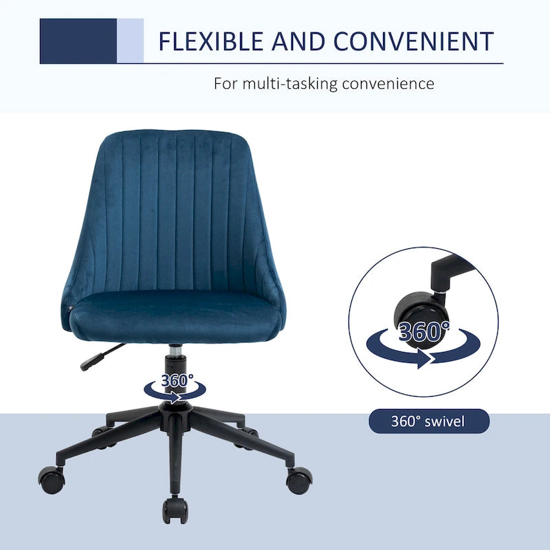 Mid-Back Velvet Swivel Office Chair with Scallop Shape and Channel Stitching Height Adjustable Armless