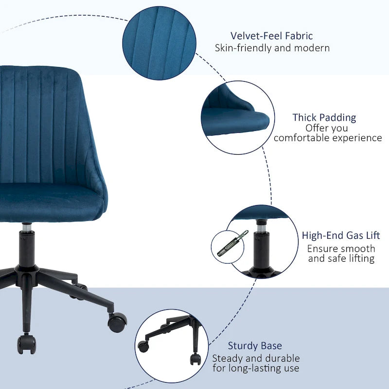 Mid-Back Velvet Swivel Office Chair with Scallop Shape and Channel Stitching Height Adjustable Armless