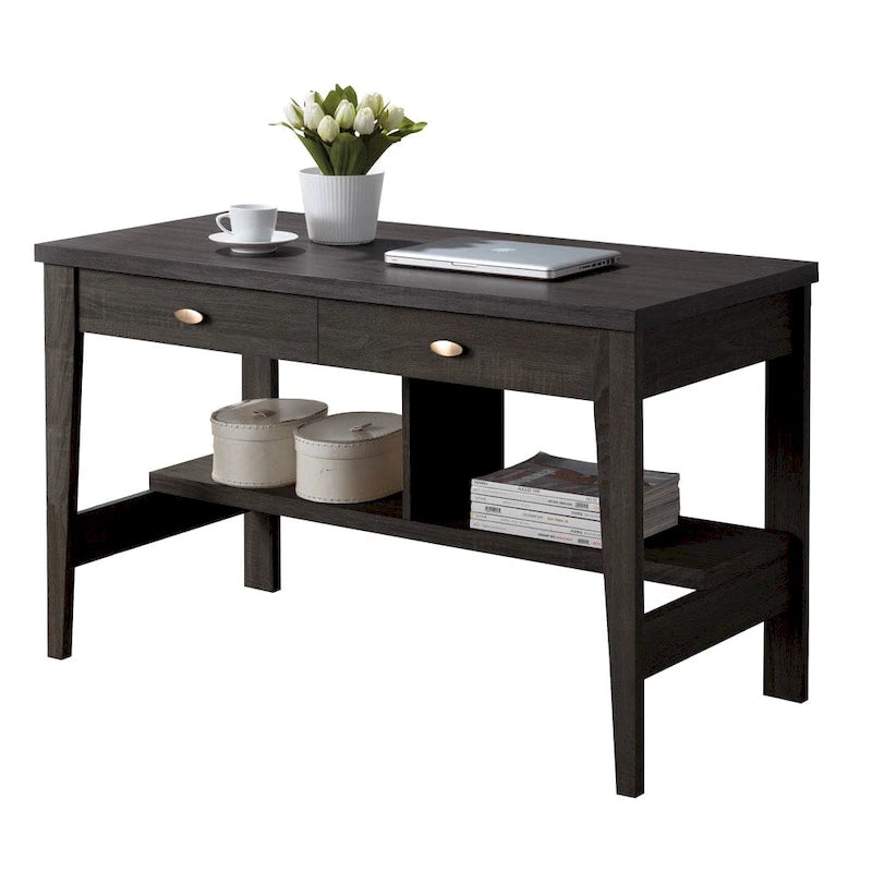 47-Inch Writing Desk with 2 Drawers and Open Bottom Shelf in Dark Espresso Faux Wood