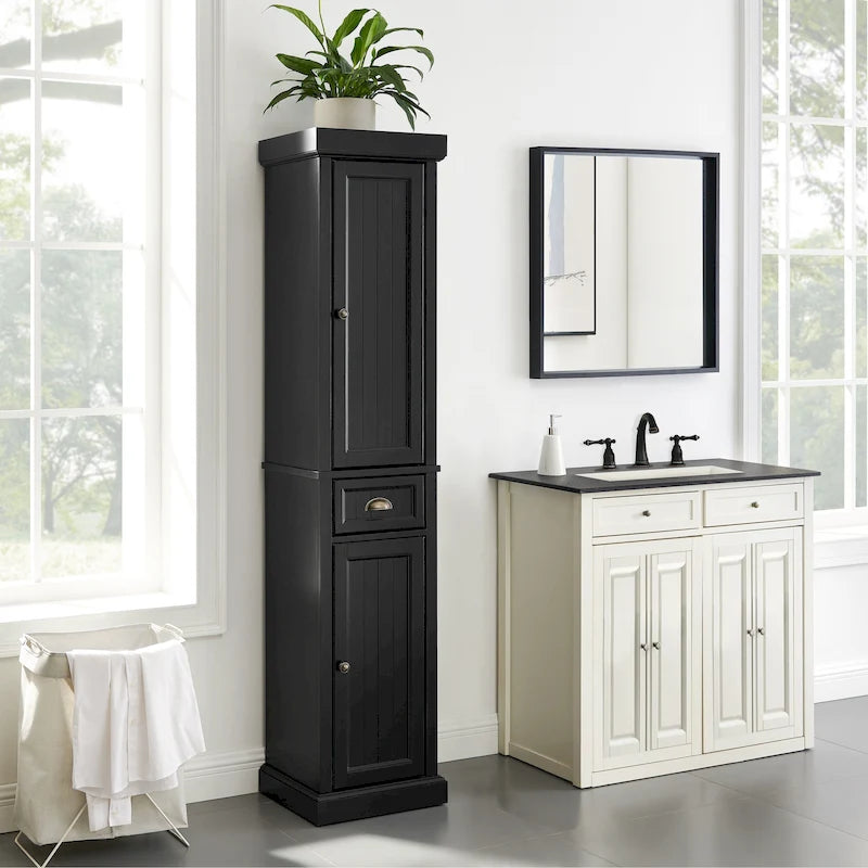 Tall Linen Cabinet with Beadboard Doors Adjustable Shelves and Antique Gold Hardware