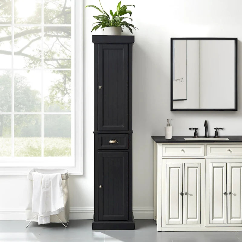 Tall Linen Cabinet with Beadboard Doors Adjustable Shelves and Antique Gold Hardware