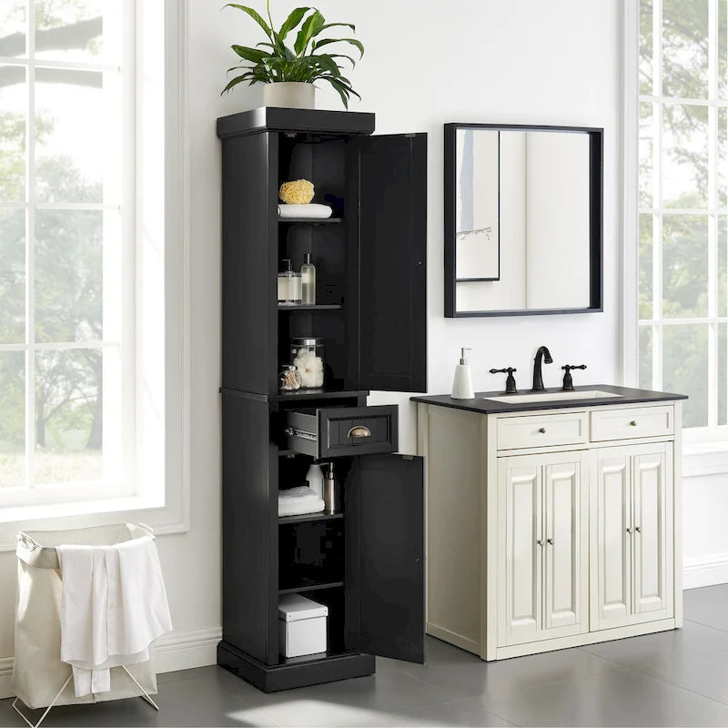 Tall Linen Cabinet with Beadboard Doors Adjustable Shelves and Antique Gold Hardware