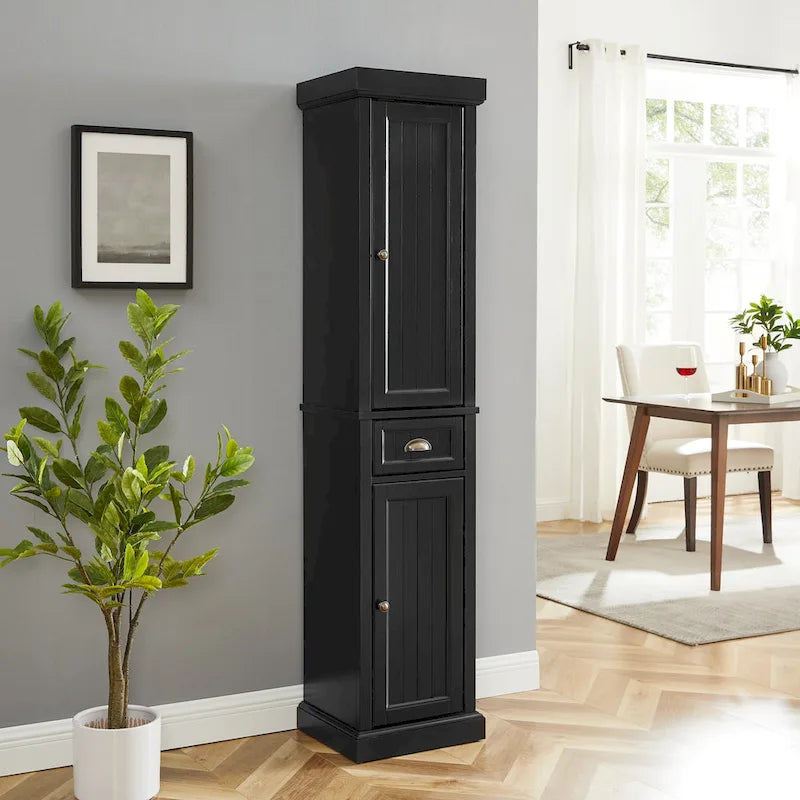 Tall Linen Cabinet with Beadboard Doors Adjustable Shelves and Antique Gold Hardware