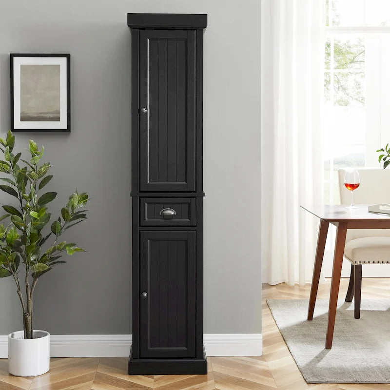 Tall Linen Cabinet with Beadboard Doors Adjustable Shelves and Antique Gold Hardware