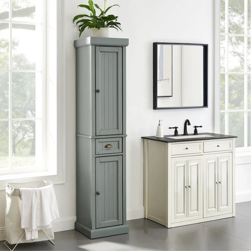 Tall Linen Cabinet with Beadboard Doors Adjustable Shelves and Antique Gold Hardware