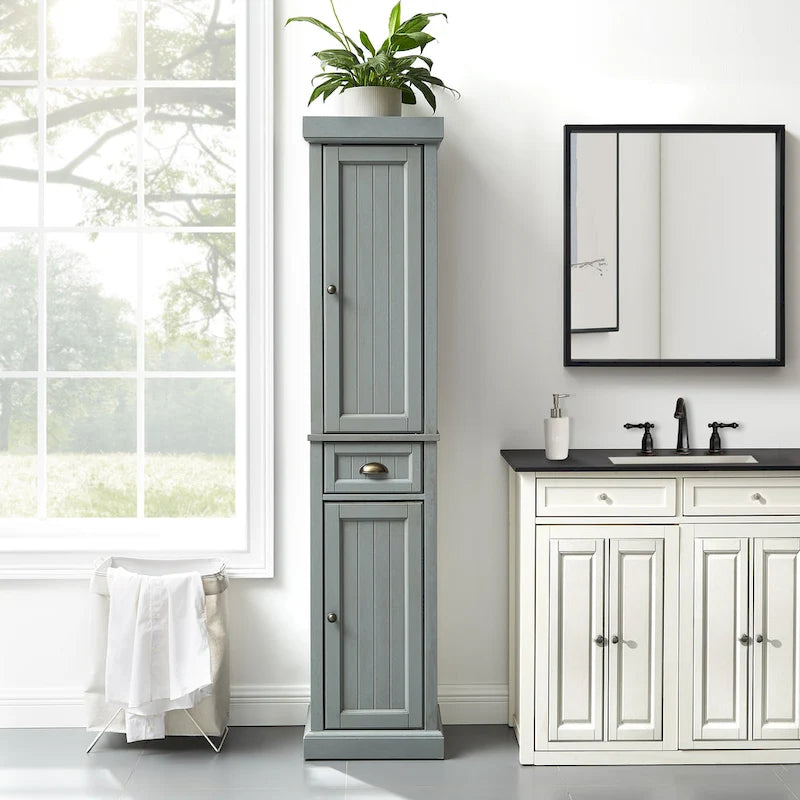 Tall Linen Cabinet with Beadboard Doors Adjustable Shelves and Antique Gold Hardware