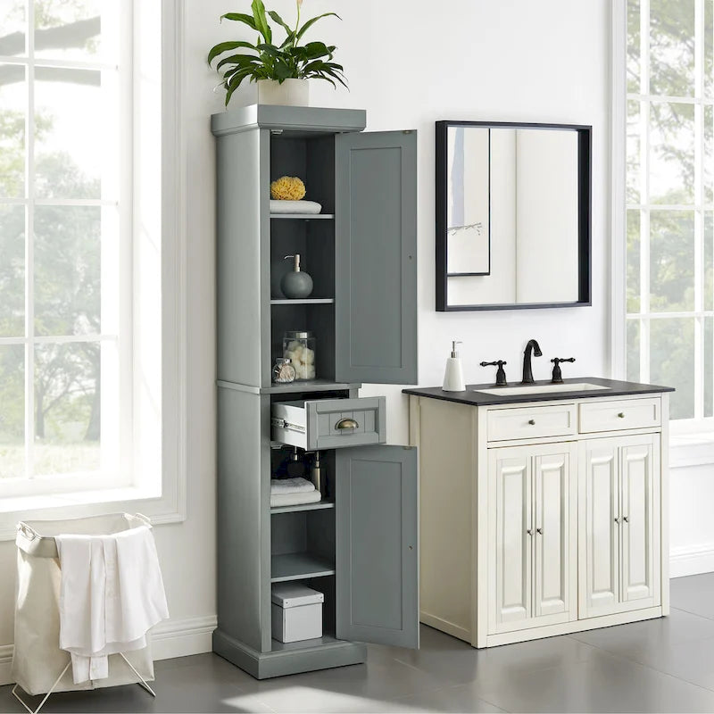 Tall Linen Cabinet with Beadboard Doors Adjustable Shelves and Antique Gold Hardware
