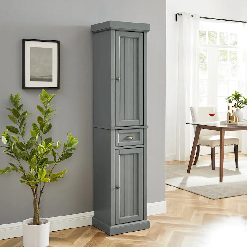 Tall Linen Cabinet with Beadboard Doors Adjustable Shelves and Antique Gold Hardware