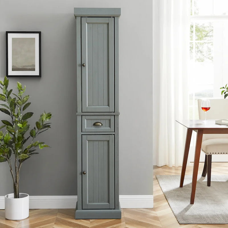 Tall Linen Cabinet with Beadboard Doors Adjustable Shelves and Antique Gold Hardware