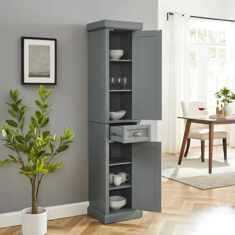 Tall Linen Cabinet with Beadboard Doors Adjustable Shelves and Antique Gold Hardware
