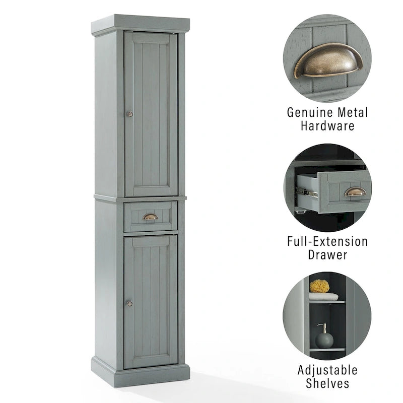 Tall Linen Cabinet with Beadboard Doors Adjustable Shelves and Antique Gold Hardware