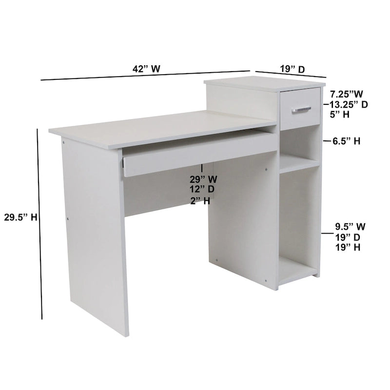 L-Shape Computer Desk with Sliding Keyboard Tray Box Drawer and Multi-Tier Storage Pedestal
